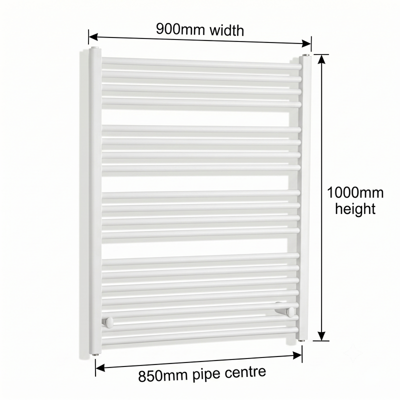 White heated towel rail dimensions — 900mm x 1000mm — matt white ladder radiator size guide | Elegant Radiators UK