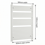 White heated towel rail dimensions — 900mm x 1200mm — matt white ladder radiator size guide | Elegant Radiators UK