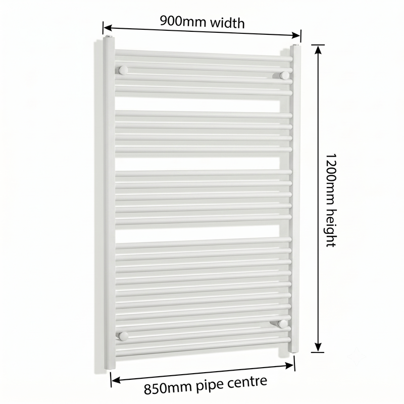 White heated towel rail dimensions — 900mm x 1200mm — matt white ladder radiator size guide | Elegant Radiators UK