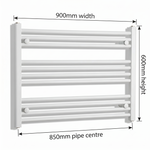 White heated towel rail dimensions — 900mm x 600mm — matt white ladder radiator size guide | Elegant Radiators UK
