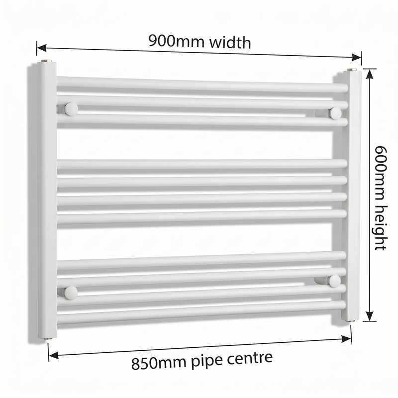 White heated towel rail dimensions — 900mm x 600mm — matt white ladder radiator size guide | Elegant Radiators UK