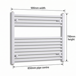 White heated towel rail dimensions — 900mm x 700mm — matt white ladder radiator size guide | Elegant Radiators UK