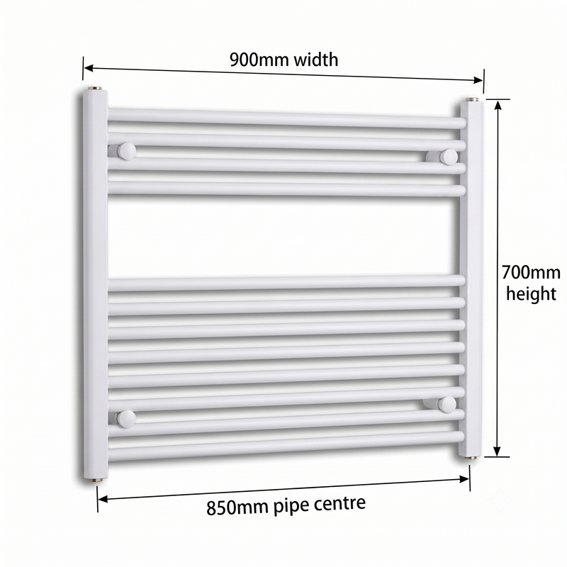 White heated towel rail dimensions — 900mm x 700mm — matt white ladder radiator size guide | Elegant Radiators UK