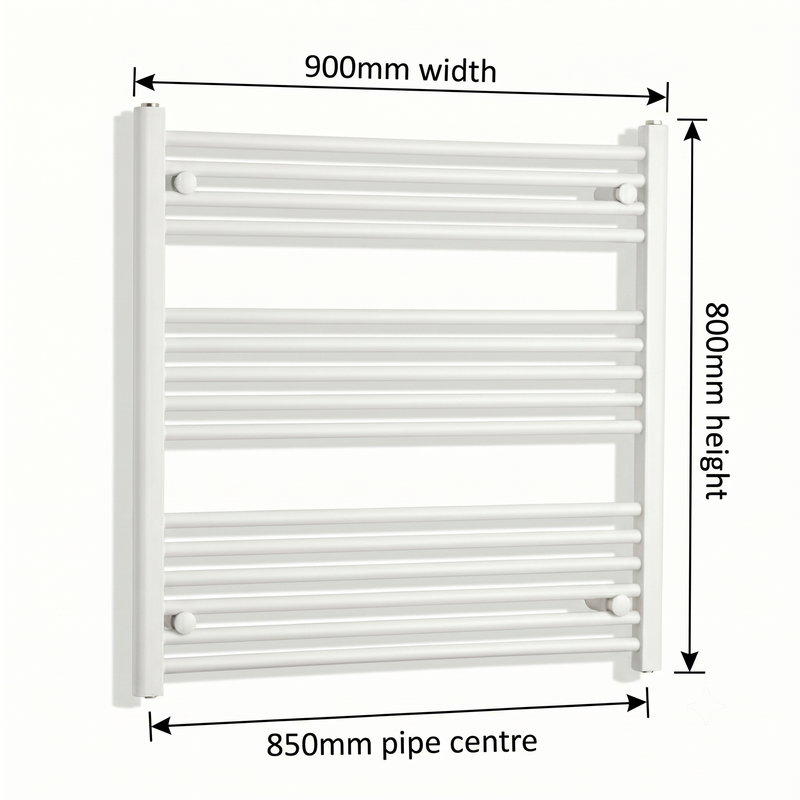 White heated towel rail dimensions — 900mm x 800mm — matt white ladder radiator size guide | Elegant Radiators UK