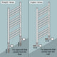 Diagram showing straight and angled valves for heating systems with labels and arrows.
