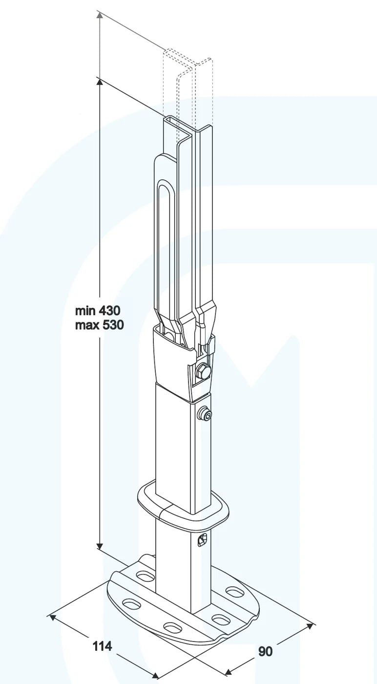 PK1 floor bracket dimensions: height 430 to 530 mm, base plate 114 x 90 mm