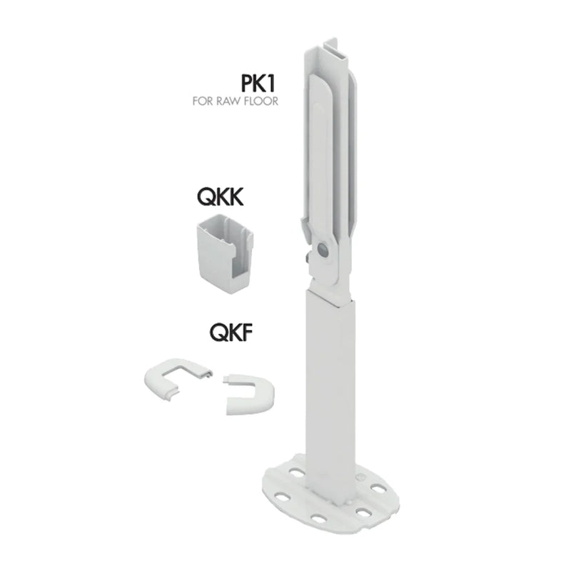 PK1 white floor bracket for raw floor with QKK radiator clip and QKF floor cover for panel radiators