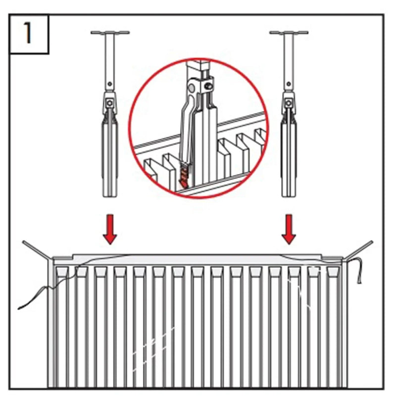 Step 1: lower the PK1 or PK3 floor bracket clip onto the top of a panel radiator