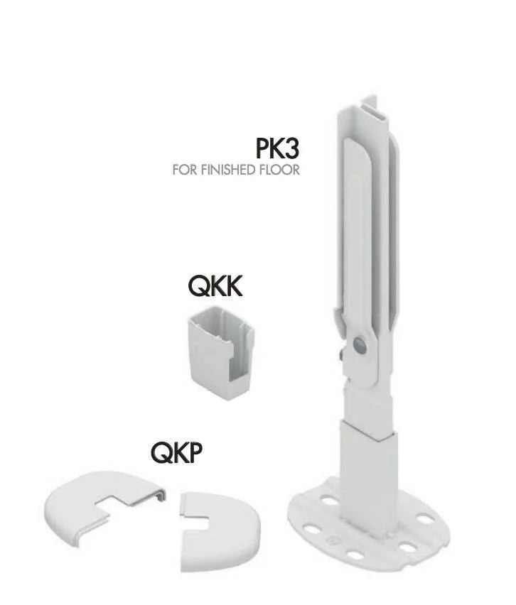PK3 white floor bracket with QKK radiator clip and QKP floor cover for panel radiators