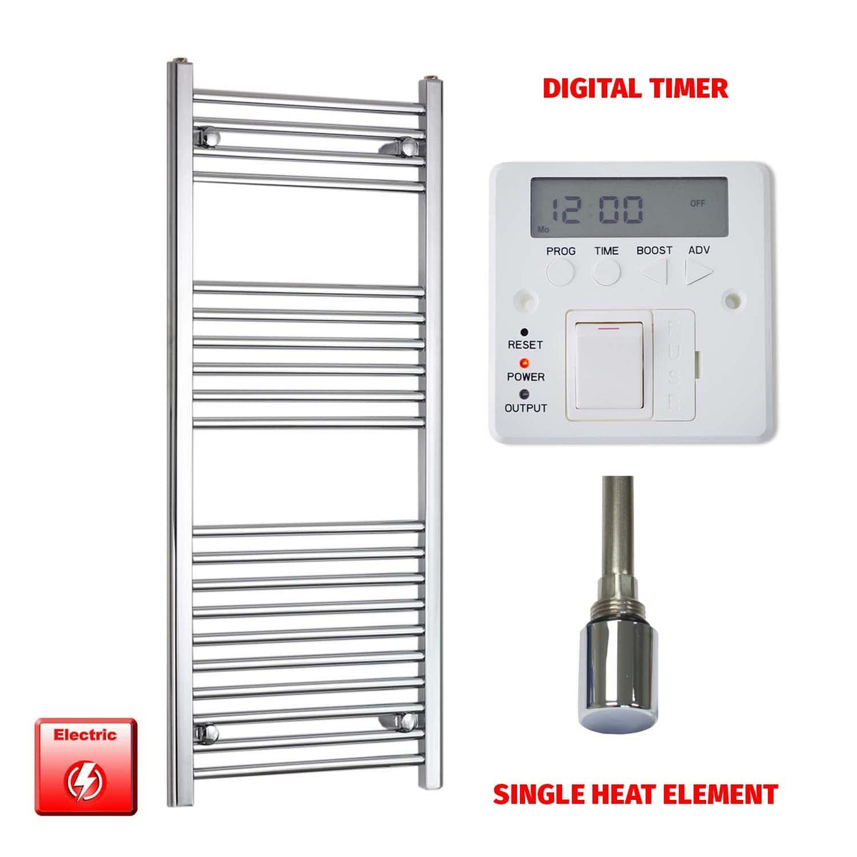 Flat / Single Heat / Digital Timer Pre-Filled 1200 x 500mm Chrome Electric Heated Towel Rail