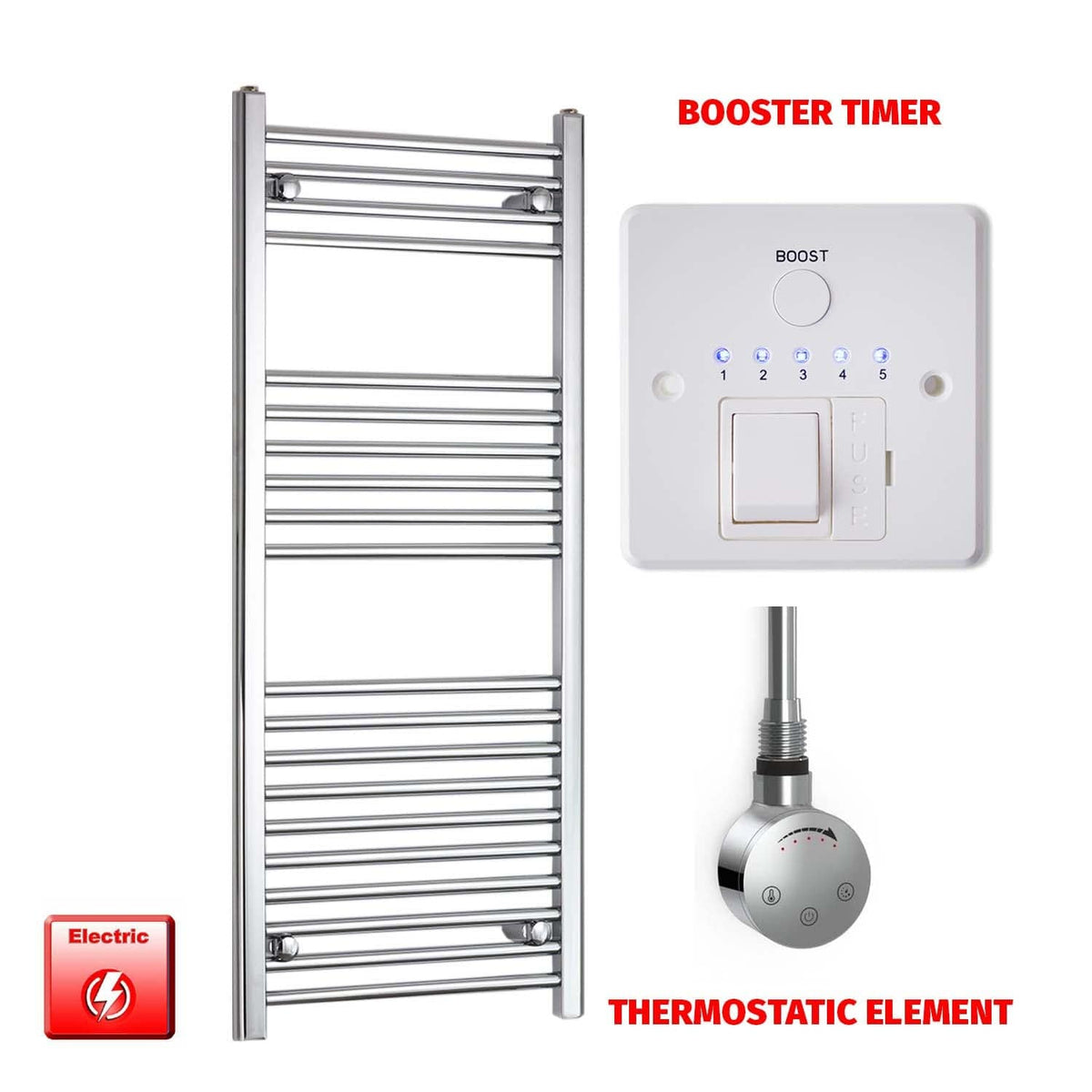 Flat / ER-Touch Thermostatic / Booster Timer Pre-Filled 1200 x 500mm Chrome Electric Heated Towel Rail