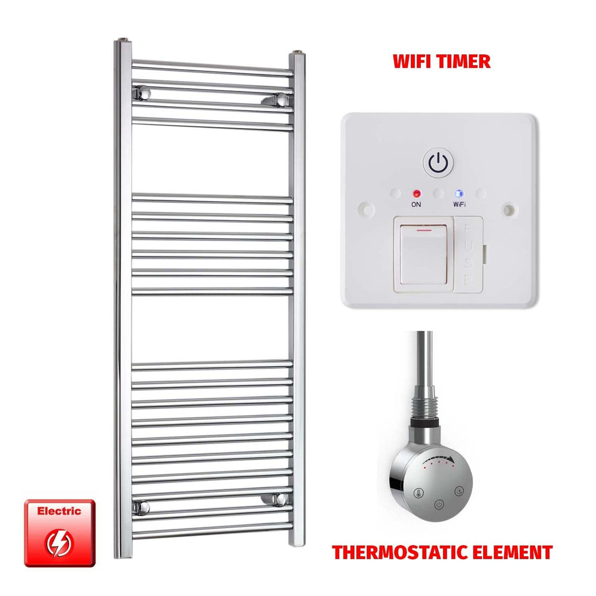 Flat / ER-Touch Thermostatic / Wifi Timer Pre-Filled 1200 x 500mm Chrome Electric Heated Towel Rail