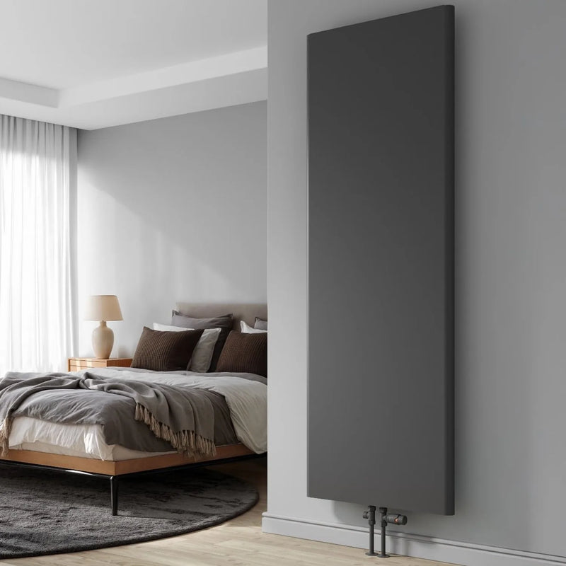 Reina Borda anthracite vertical mild steel radiator in a modern bedroom