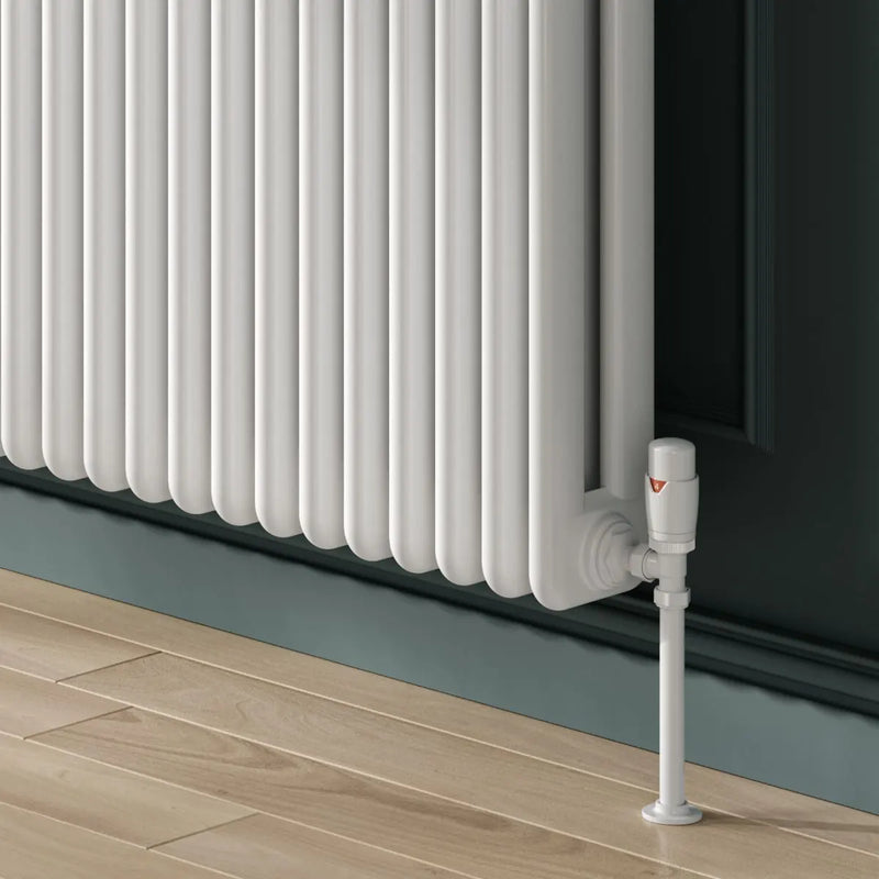 Reina Hedingham Horizontal Designer Column Radiator in White - close-up of thermostatic valve