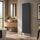 Reina Neva vertical single-panel designer radiator in anthracite, fitted in a bathroom