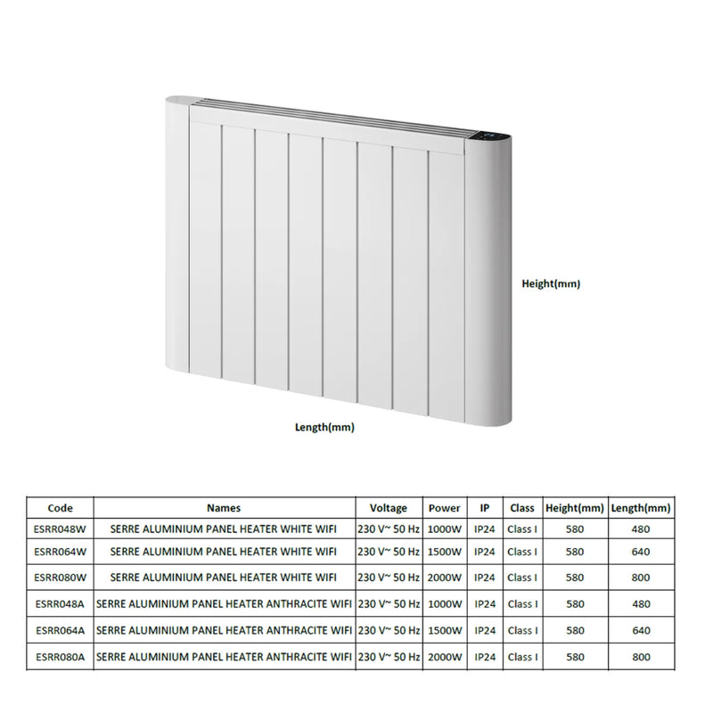 Reina Serre Wifi Electric Radiator Aluminium Horizontal White or Anthracite