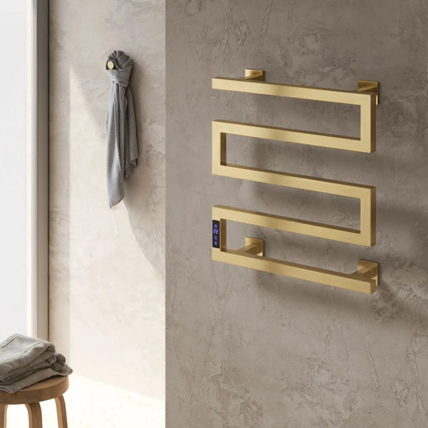 Reina Vispa Brushed Brass Electric Towel Rail in Stylish Bathroom Setting