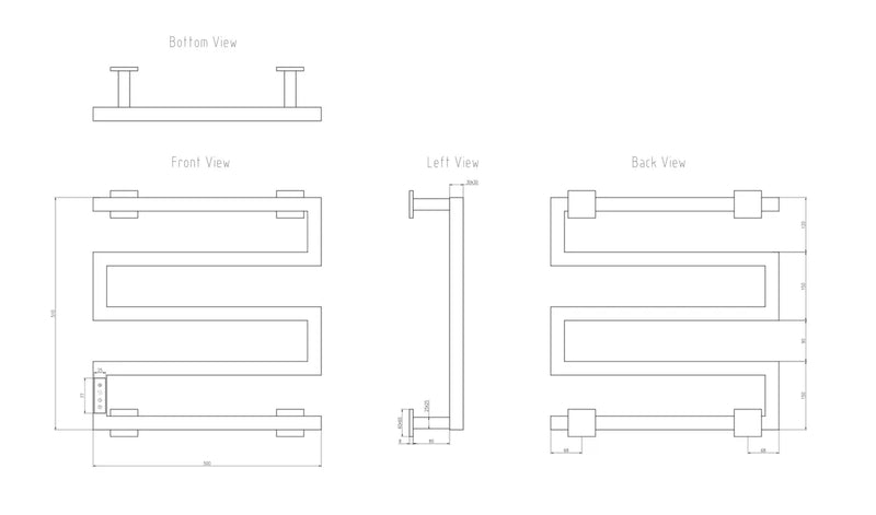 Reina Vispa Electric Towel Rail Technical Drawing – 510mm x 500mm Dimensions