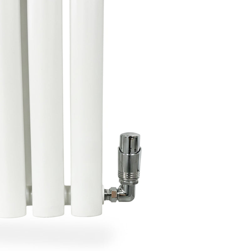 White radiator with a silver valve on a white background