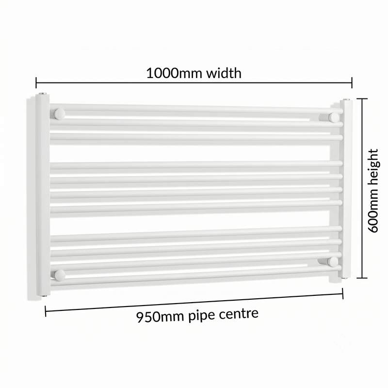 White heated towel rail dimensions — 1000mm x 600mm
