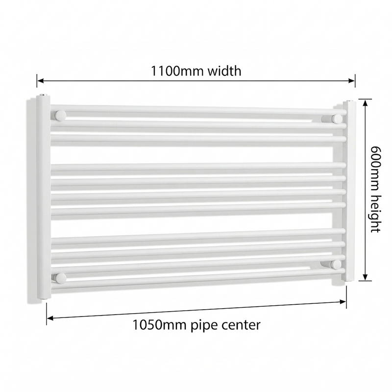White heated towel rail dimensions — 1100mm x 600mm
