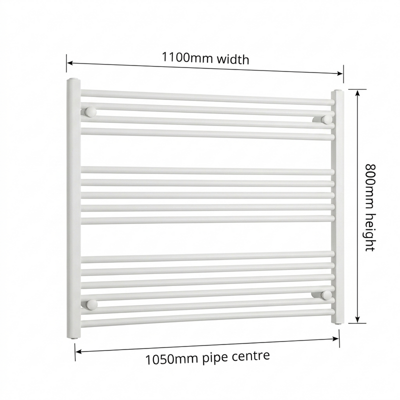 White heated towel rail dimensions — 1100mm x 800mm