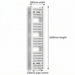 White heated towel rail dimensions diagram — 200mm wide x 1000mm high — matt white ladder radiator size guide | Elegant Radiators UK