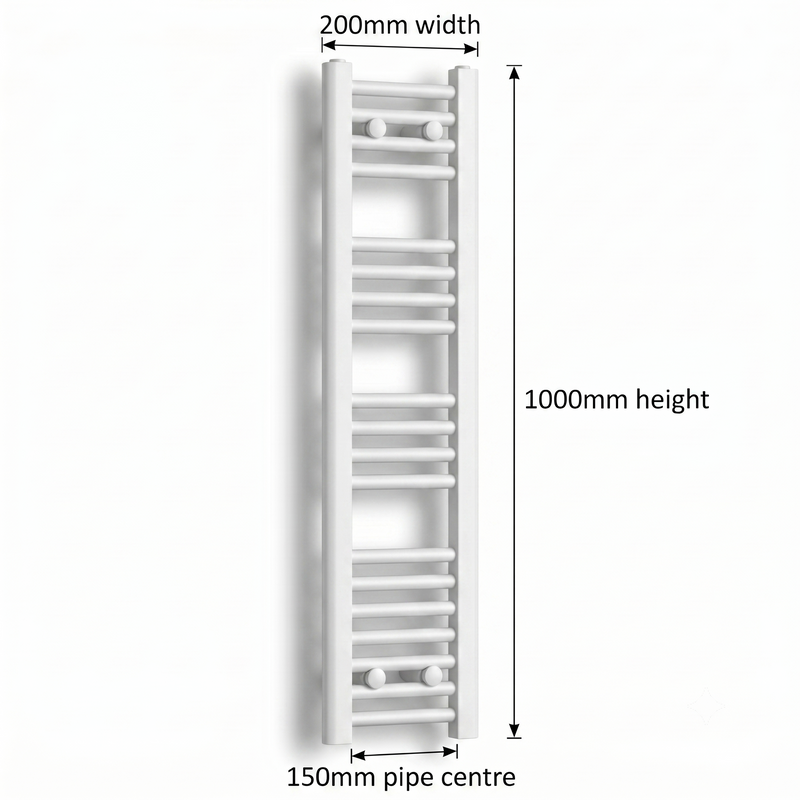 White heated towel rail dimensions diagram — 200mm wide x 1000mm high — matt white ladder radiator size guide | Elegant Radiators UK