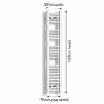 White heated towel rail dimensions diagram — 200mm wide x 1200mm high — matt white ladder radiator size guide | Elegant Radiators UK