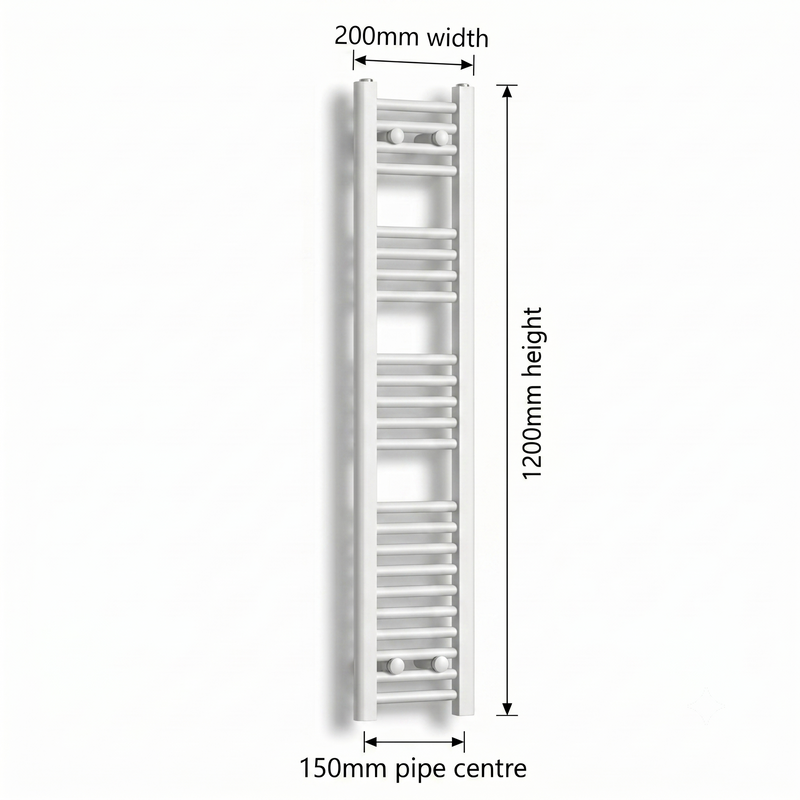 White heated towel rail dimensions diagram — 200mm wide x 1200mm high — matt white ladder radiator size guide | Elegant Radiators UK