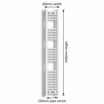 White heated towel rail dimensions diagram — 200mm wide x 1400mm high — matt white ladder radiator size guide | Elegant Radiators UK