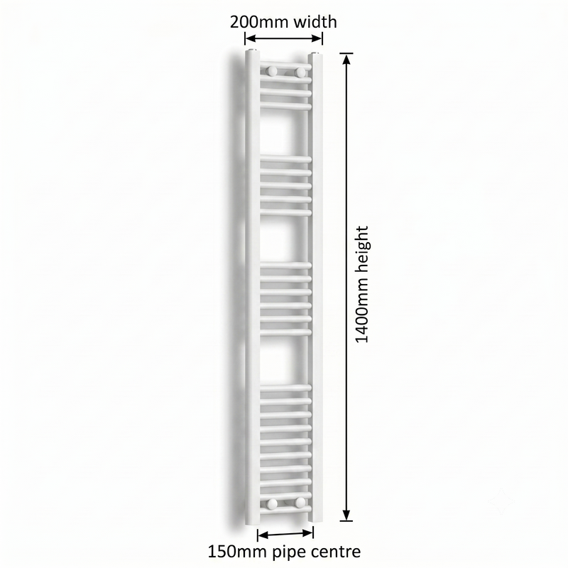 White heated towel rail dimensions diagram — 200mm wide x 1400mm high — matt white ladder radiator size guide | Elegant Radiators UK