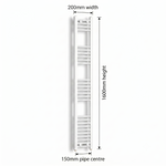 White heated towel rail dimensions diagram — 200mm wide x 1600mm high — matt white ladder radiator size guide | Elegant Radiators UK
