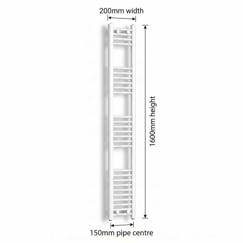 White heated towel rail dimensions diagram — 200mm wide x 1600mm high — matt white ladder radiator size guide | Elegant Radiators UK