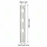 White heated towel rail dimensions diagram — 200mm wide x 1800mm high — matt white ladder radiator size guide | Elegant Radiators UK