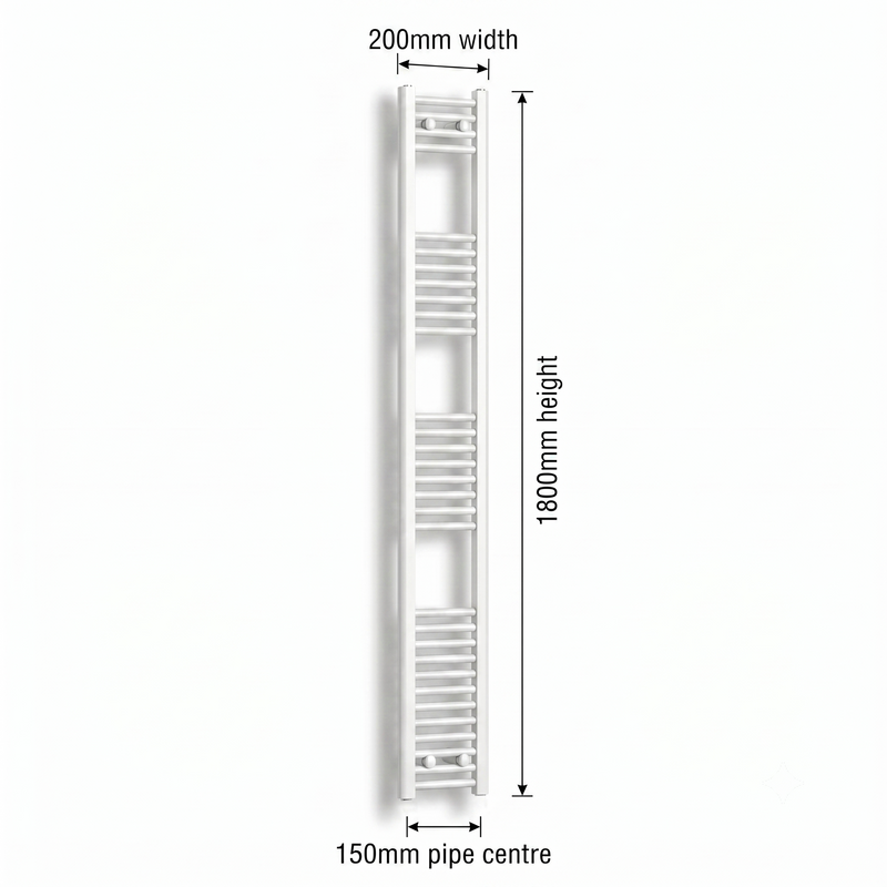 White heated towel rail dimensions diagram — 200mm wide x 1800mm high — matt white ladder radiator size guide | Elegant Radiators UK