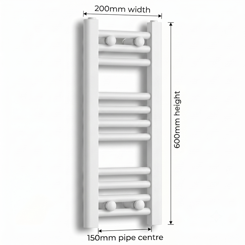 White heated towel rail dimensions — 200mm x 600mm — matt white ladder radiator size guide | Elegant Radiators UK