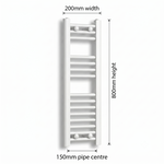 White heated towel rail dimensions diagram — 200mm wide x 800mm high — matt white ladder radiator size guide | Elegant Radiators UK