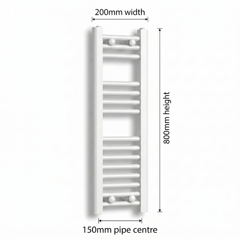 White heated towel rail dimensions diagram — 200mm wide x 800mm high — matt white ladder radiator size guide | Elegant Radiators UK