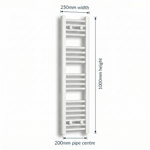 White heated towel rail dimensions diagram — 250mm wide x 1000mm high — matt white ladder radiator size guide | Elegant Radiators UK