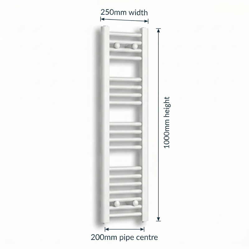 White heated towel rail dimensions diagram — 250mm wide x 1000mm high — matt white ladder radiator size guide | Elegant Radiators UK