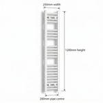 White heated towel rail dimensions diagram — 250mm wide x 1200mm high — matt white ladder radiator size guide | Elegant Radiators UK