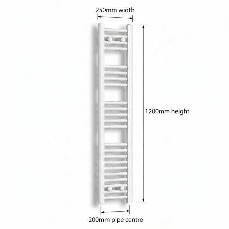 White heated towel rail dimensions diagram — 250mm wide x 1200mm high — matt white ladder radiator size guide | Elegant Radiators UK