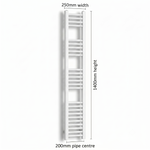 White heated towel rail dimensions diagram — 250mm wide x 1400mm high — matt white ladder radiator size guide | Elegant Radiators UK