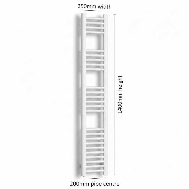 White heated towel rail dimensions diagram — 250mm wide x 1400mm high — matt white ladder radiator size guide | Elegant Radiators UK