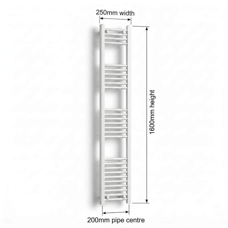 White heated towel rail dimensions — 250mm x 1600mm — matt white ladder radiator size guide | Elegant Radiators UK
