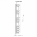 White heated towel rail dimensions diagram — 250mm wide x 1800mm high — matt white ladder radiator size guide | Elegant Radiators UK