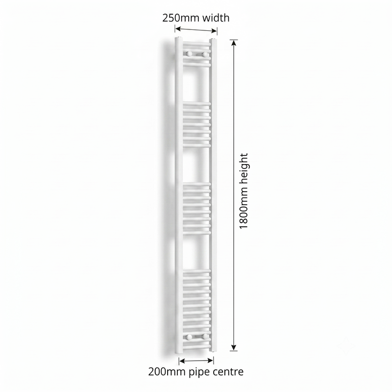 White heated towel rail dimensions diagram — 250mm wide x 1800mm high — matt white ladder radiator size guide | Elegant Radiators UK