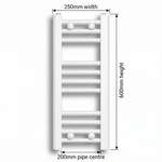 White heated towel rail dimensions diagram — 250mm wide x 600mm high — matt white ladder radiator size guide | Elegant Radiators UK