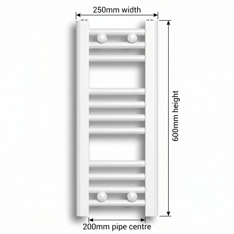 White heated towel rail dimensions diagram — 250mm wide x 600mm high — matt white ladder radiator size guide | Elegant Radiators UK